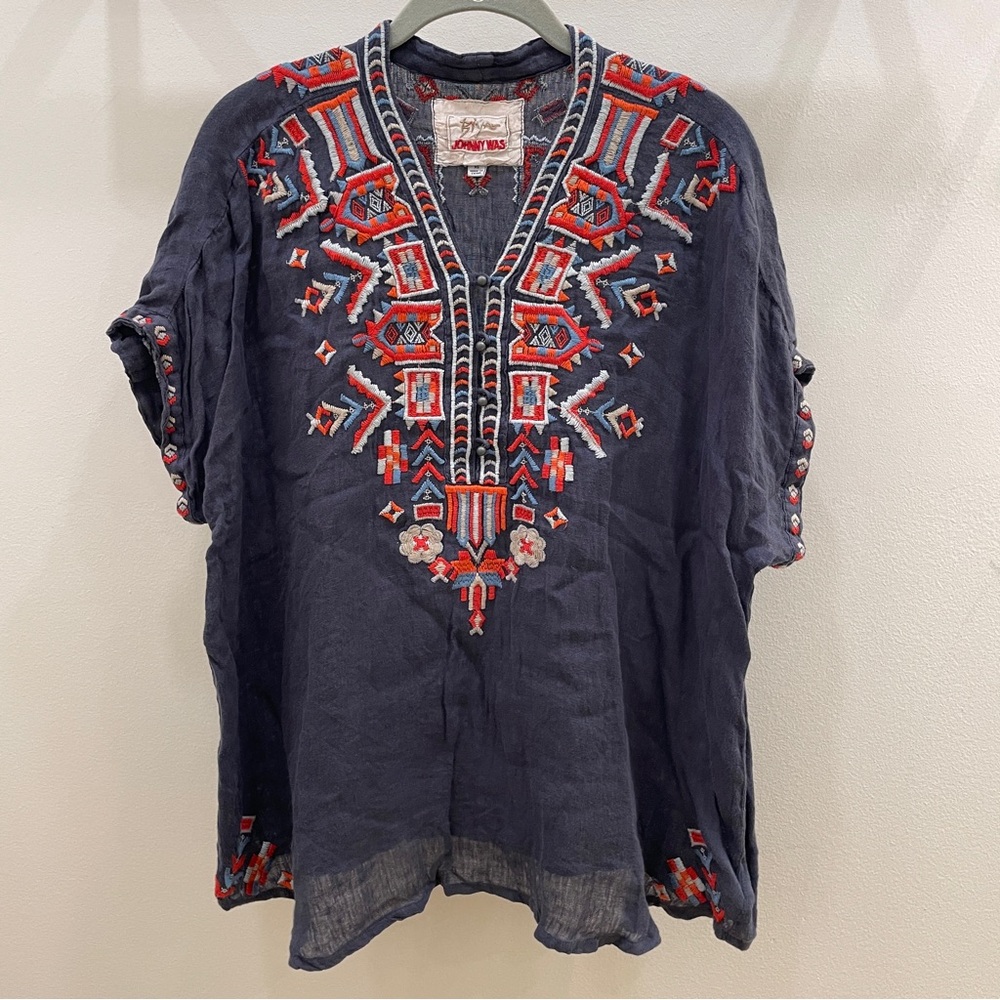 Johnny Was Biya Linen V-Neck Shirt, Blue, XS